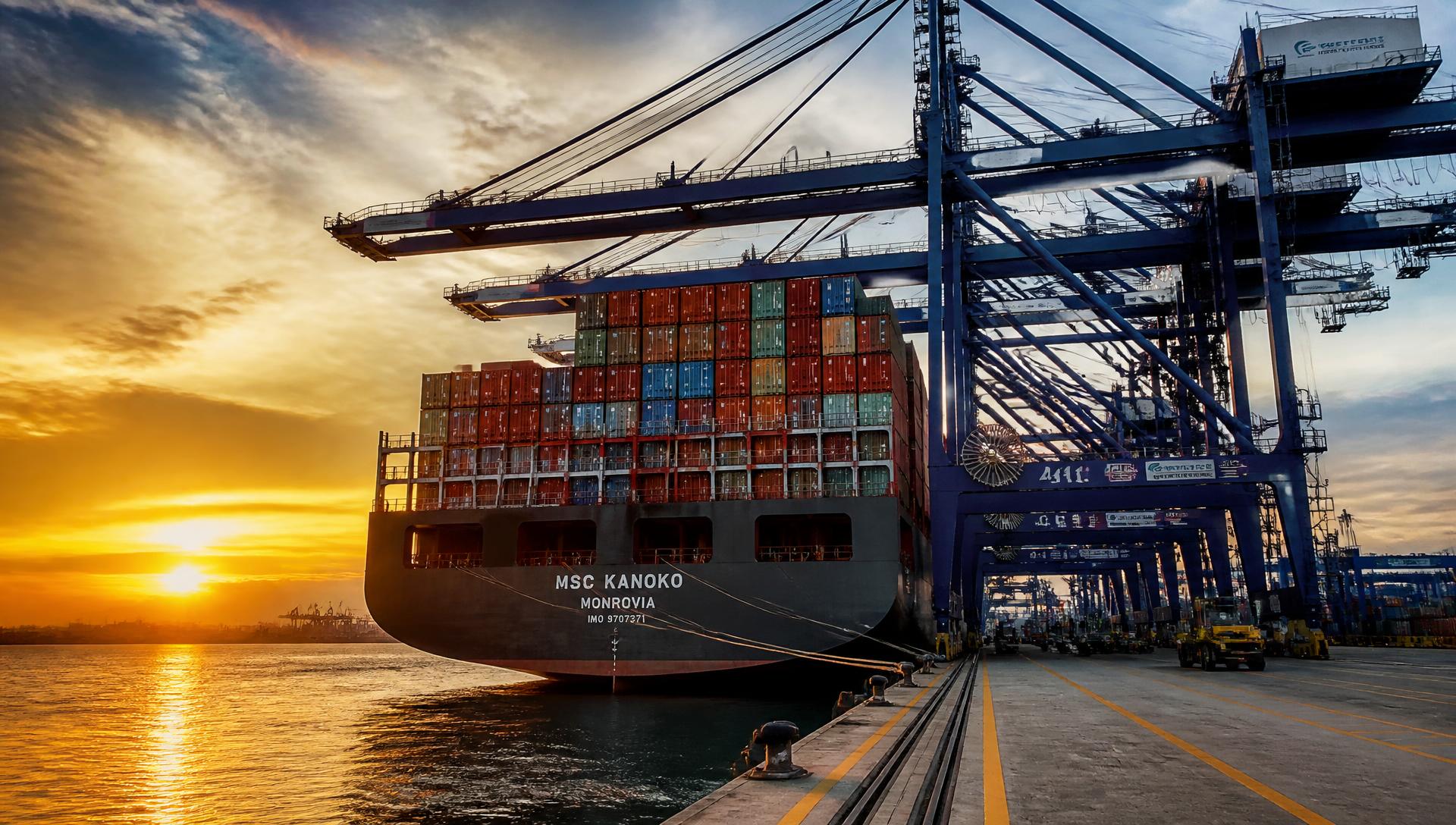 Container ship berthed at Tema port at sunrise